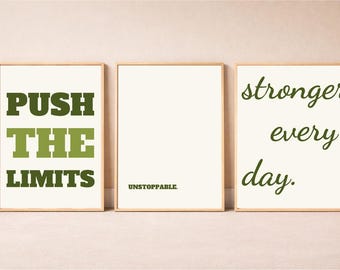Olive Green Gym Wall Art Set of 3, Aesthetic Fitness Print, Instant Download, Motivational Poster