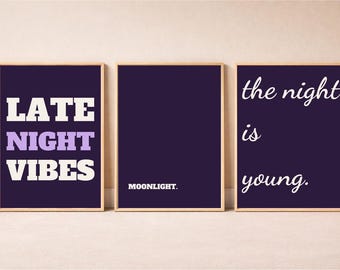 Night Owl Wall Art Set of 3, Instant Download, Plum Aesthetic Bedroom Decor, Late Night Vibes Print, Typography Poster