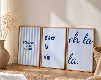 Op de afbeelding: Drie rechthoekige wandposters in lichte houten lijsten. De eerste poster heeft verticale lichtblauwe strepen en de tekst BONJOUR MON AMOUR. De tweede poster toont de tekst c'est la vie. De derde poster toont de tekst oh la la.