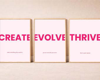 Create Evolve Thrive Print, Instant Download, Set of 3 Hot Pink Aesthetic Wall Art, Motivational Typography Poster, Bedroom Decor