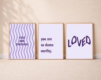 You Are Enough Print, Instant Download, Set of 3 Lilac Self Love Wall Art, Typography Poster, Purple Bedroom Wall Decor