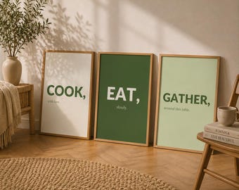 Cook Eat Gather Print, Instant Download, Set of 3 Sage Green Kitchen Wall Art, Earthy Typography Poster, Aesthetic Home Decor