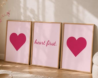 Heart First Wall Art Printable Set of 3 – "heart first." Quote & Heart Poster, Pink Love Decor, Instant Download