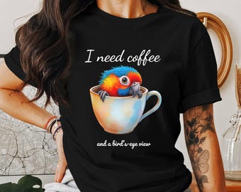 Kleurrijk T-shirt papegaai, shirt koffieliefhebber, schattige vogel in beker T-shirt, leuk grafisch T-shirt, kleding papegaaienliefhebber, uniek cadeau-idee