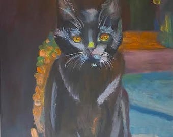 Den svarta katten - original oljemålning - av Maurizia De Biasio - svart på svart av svart katt - abstrakt konstverk hängande modern gåva