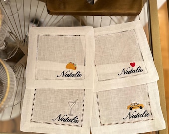 Custom Icon & Simple Name Embroidered Cocktail Napkin Set of 4