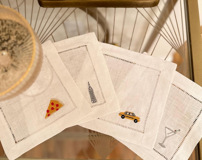 Custom Four Icon Embroidered Cocktail Napkin Set of 4