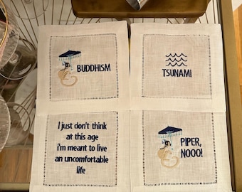White Lotus Themed Embroidered Cocktail Napkins (Set of 4)