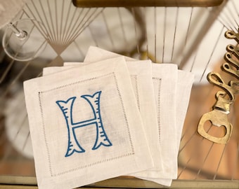 Custom Jumbo Fishtail Letter Monogram Embroidered Cocktail Napkin Set of 4