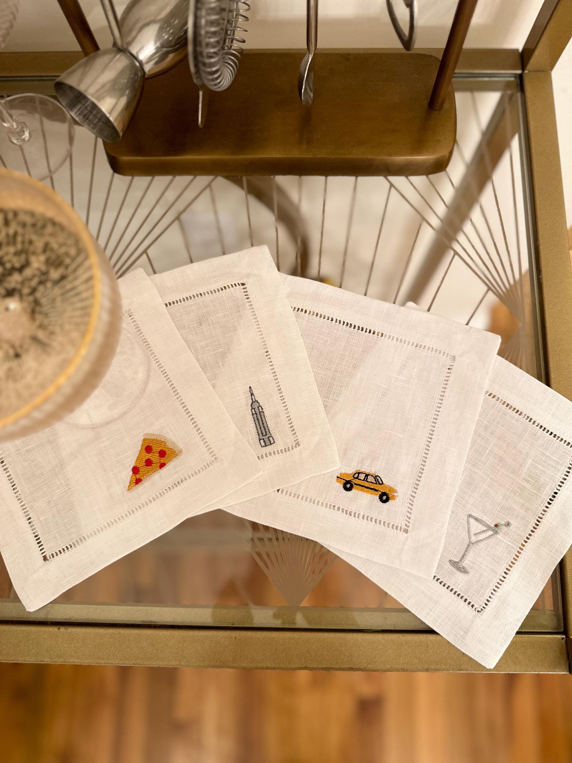 Custom Four Icon Embroidered Cocktail Napkin Set of 4