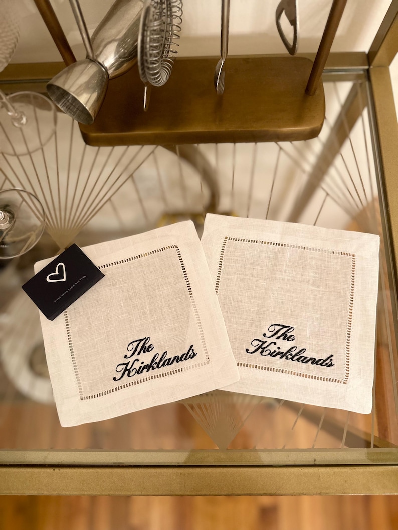 Custom Simple Last Name Embroidered Cocktail Napkin Set of 4