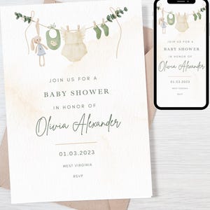 hanging clothes baby shower invitation, baby shower invitation, minimalist baby shower invitation, digital invitation
