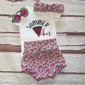 Summer vibes  outfit, watermelon bummies, baby girls bummies set- onesie -baby  knot  headband-toddler bummie set,