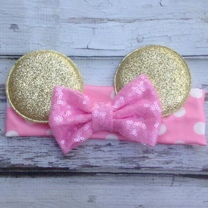 Pink and gold Minnie Mouse ears headband  sequin Bow Baby Soft Cotton headband wrap headband Babies 1st birthday bow