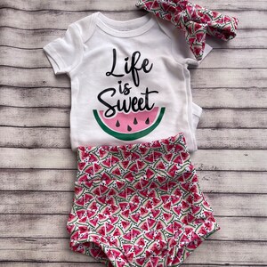 Life is sweet outfit, watermelon bummies, baby girls bummies set- onesie -baby  knot  headband-toddler bummie set,
