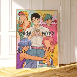 Kpop Demon Hunters poster featuring Saja Boys Jinu, Abby, Mystery, Romance, and Baby – fan art wall decor for Kpop Demon Hunter fans.