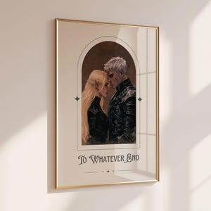 May include: Framed art print featuring a couple in a romantic embrace, set within an arched design. The artwork depicts a man with gray hair and a woman with long blonde hair. The text "To Whatever End" is at the bottom.