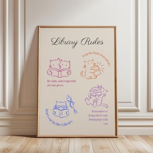 May include: A rectangular poster with a beige background featuring the text Library Rules and four cat illustrations. Each cat is paired with text: Be calm, and respectful of your peers, Keep the book clean and dry, Don't eat in the Library, and Remember to bring all of your belongings with you.