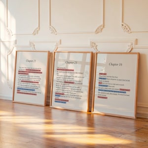 May include: Three framed prints with text from a book, each in a wooden frame. The text is in black, with some words highlighted in red and blue. The titles are "Chapter 25", "Chapter 23", and "Chapter 16". The prints are displayed on a wooden floor.
