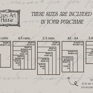 May include: Image showing print sizes in inches and centimeters, including 11:14, 4:5, 2:3, A1-A4, and 3:4 ratios. The text reads "These sizes are included in your purchase" and "Eyes Art House" is at the top.