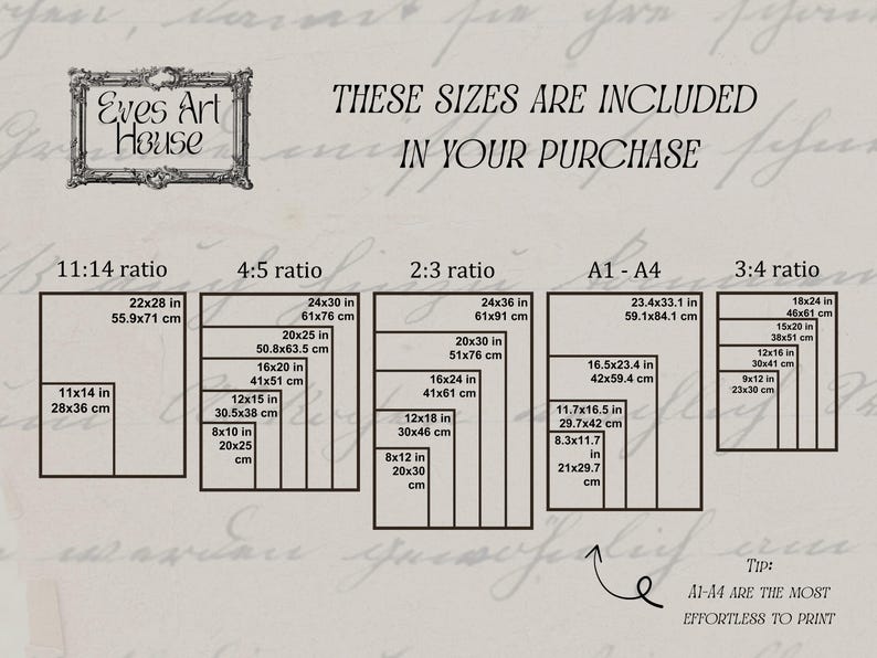 May include: Image showing print sizes in inches and centimeters, including 11:14, 4:5, 2:3, A1-A4, and 3:4 ratios. The text reads "These sizes are included in your purchase" and "Eyes Art House" is at the top.
