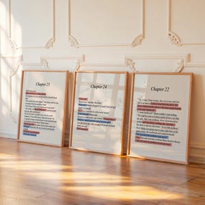 May include: Three framed prints featuring literary text from Chapters 25, 24, and 22. Each print displays black printed paragraphs with specific phrases highlighted in red and blue boxes, presented in light wood frames against a white wall.