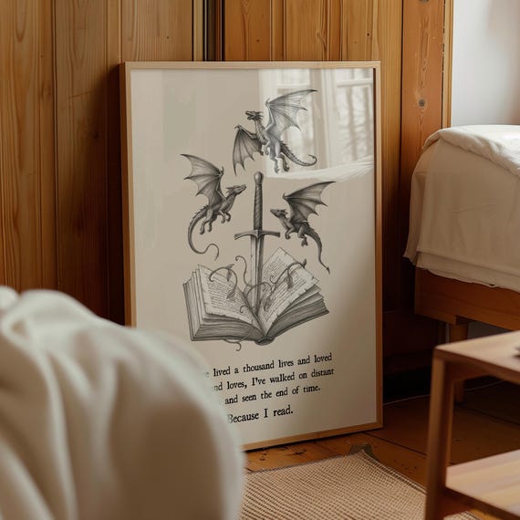 Bookish wall art "I have lived a thousand lives" inspired by Crescent City, Fourth Wing, Zodiac Academy & Harry Potter – reading nook decor