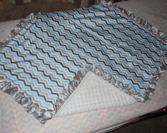 New Baby nursery receiving blanket girl boy shower gift  30" silver gray satin ruffle edge chevron light blue print