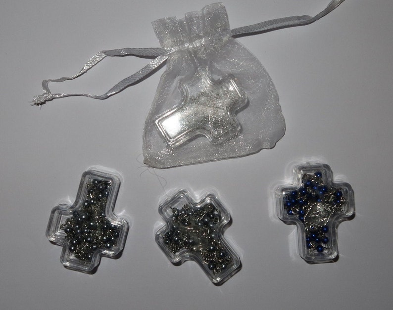 10 personalized rosary in a clear cross box party favors with initial letter on bags baby shower baptism Memorial First Communion Wedding