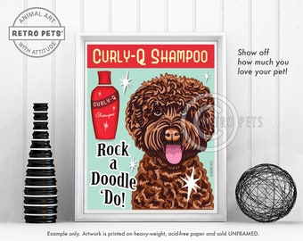 May include: A retro-style poster advertising "Curly-Q Shampoo" for dogs. The poster features a brown doodle dog with a pink tongue sticking out, and a red bottle of shampoo with the words "Curly-Q Shampoo" on it. The text on the poster reads "Rock a Doodle 'Do!" and "Show off how much you love your pet!"