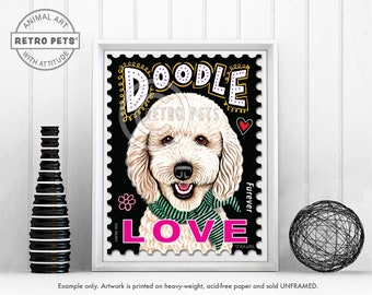 May include: A white doodle dog with a green and white scarf is featured on a black and white postage stamp with the words "Doodle", "Retro Pets", "Furever", and "Love" in colorful lettering.