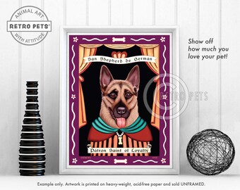 May include: A retro-style illustration of a German Shepherd dog wearing a colorful costume and a crown. The dog is standing in front of a purple curtain with the text "San Shepherd de German" and "Patron Saint of Loyalty".