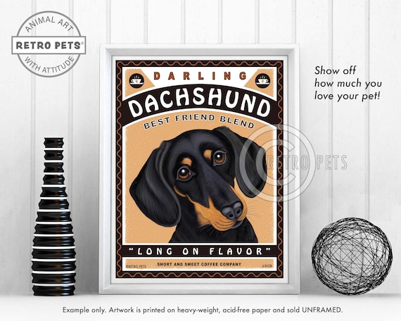 Dachshund Art, Black Dachshund Wall Art, Pet Portrait, Dachshund Coffee Print, Dog Illustration Portrait, Dog Lover Gift, Dog Wall Decor