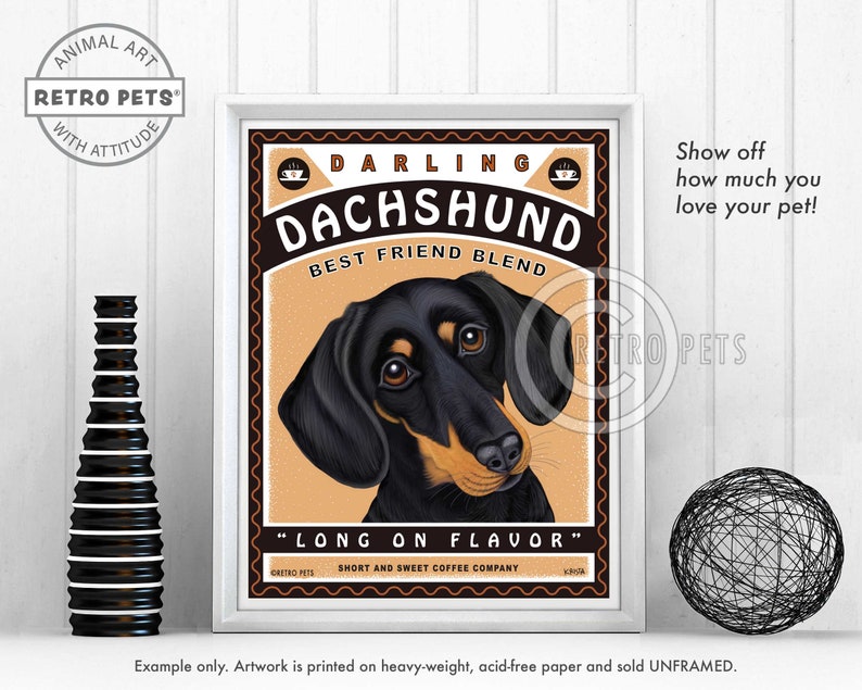Dachshund Art, Black Dachshund Wall Art, Pet Portrait, Dachshund Coffee Print, Dog Illustration Portrait, Dog Lover Gift, Dog Wall Decort