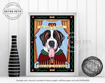 Puede incluir: Una ilustración de estilo retro de un perro San Bernardo con un collar rojo, blanco y verde. El perro está representado en un escenario teatral con un fondo azul y una cortina dorada. El texto "San Canine de Bernard" y "Patron Saint of Gentle Giants" aparece en la imagen.