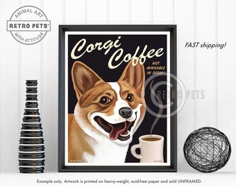 Corgi Coffee Art Print, Pet Portrait, Welsh Corgi Dog Portrait, Pet Drawing, Corgi Art Print, Pet Lovers Gift, Corgi Dog Lovers Gift