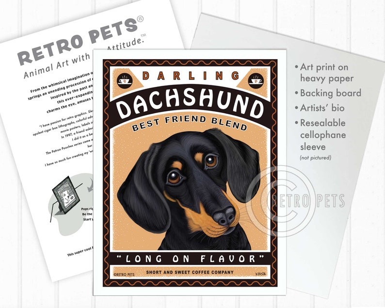 Dachshund Art, Black Dachshund Wall Art, Pet Portrait, Dachshund Coffee Print, Dog Illustration Portrait, Dog Lover Gift, Dog Wall Decort