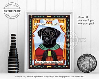 May include: A retro-style illustration of a black Labrador Retriever dog holding a tennis ball. The dog is depicted as a saint with a halo and the text "San Retriever de Labrador" and "Patron Saint of Tennis Balls".