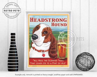 Basset Hound Art, Dog Wall Art, Basset Headstrong, Dog Decor, Dog Illustration, Bar Decor, Basset art print UNFRAMED