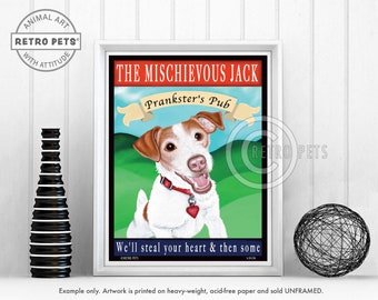 May include: A retro-style illustration of a Jack Russell Terrier dog with a red collar and a heart charm. The dog is smiling and sitting on a green grassy hill. The text "The Mischievous Jack" and "Prankster's Pub" are above the dog. The text "We'll steal your heart & then some" is below the dog.