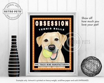 Yellow Lab Art, Dog Wall Art, Dog Decor, Obsession Tennis Balls, Kitchen Decor, Dog Illustration, Dog Art, Greeting Cards, UNFRAMED