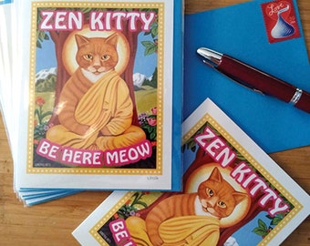 Funny Cat Art, Gift for Cat Lover, Gift for Meditation Lover, Cat Art, Zen Kitty, Cat Lover Gift, Buddha, Zen Cat, 6 Greeting Cards GCF-108