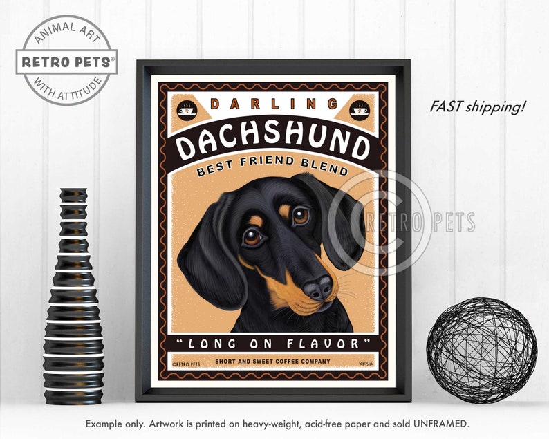 Dachshund Art, Black Dachshund Wall Art, Pet Portrait, Dachshund Coffee Print, Dog Illustration Portrait, Dog Lover Gift, Dog Wall Decort