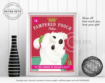 May include: A retro-style illustration of a white dog with a crown above the text "The Pampered Pooch Palace" in red and white. The text "At the corner of spoiled & silly" is below the dog.
