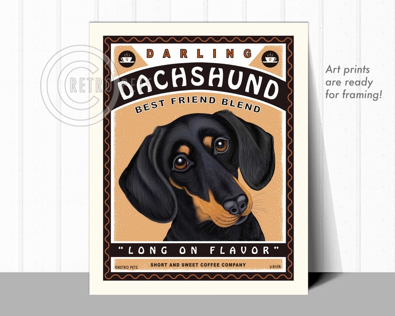 Dachshund Art, Black Dachshund Wall Art, Pet Portrait, Dachshund Coffee Print, Dog Illustration Portrait, Dog Lover Gift, Dog Wall Decort