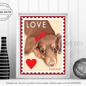 Dachshund Art, Doxie, Dog Wall Art, Dog Decor, LOVE FURever Stamp, Kitchen Decor, Dog Illustration, Greeting Cards, UNFRAMED print