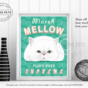 White Cat, Cat Lover Gift, Marshmallow, Funny Cat Art, Long Haired Cat, Persian Cat, Cat Wall Art, Greeting Cards or UNFRAMED print