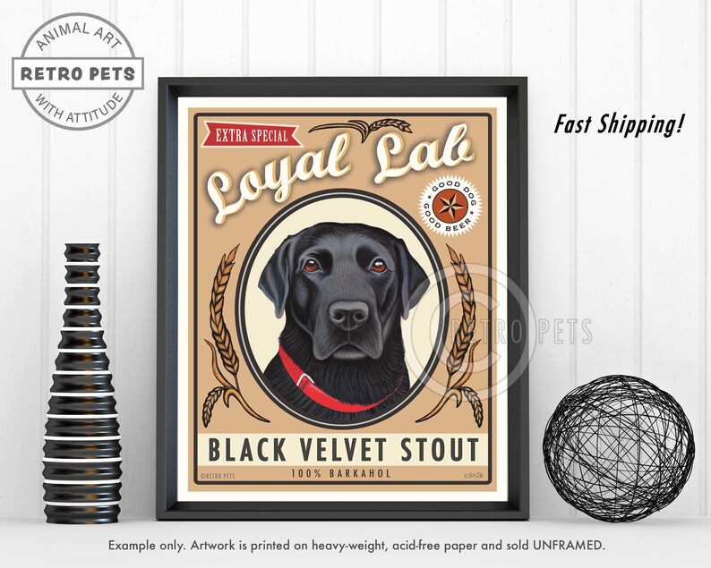 Labrador Retriever Faux Beer Label Art Print Black Velvet Stout Bar Decor by Retro Pets artist Krista Brooks image 1