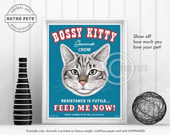 Bossy Kitty, Furry Art, Funny Cat Portrait, Kitty Kitchen Décor, Pet Portrait, Cat Lover Gift, Cat Art Print, Cat Wall Art, Retro Pet Prints