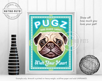 May include: A vintage-style illustration of a pug dog with the text "PUGZ Hard Headed Candies" and "Melt Your Heart" in a turquoise and green color scheme.